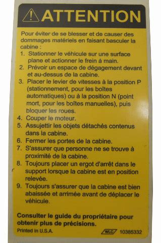 1997-2009 GMC Topkick/Chevy Kodiak Caution Label Tilt Cab French New