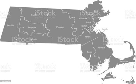Massachusetts County Map Vector Outline Illustration In Gray Background