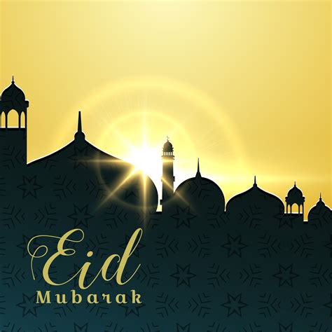 Eid Mubarak Greeting Card Design With Mosque And Rising Sun Download