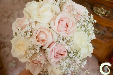 Roses And Gypsophila Bouquet In Ivory And Blush Pink Laurel Wedding