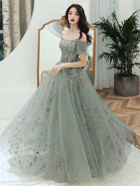 Gray Green Tulle Lace Long Prom Dress Gray Green Evening Dress In 2021