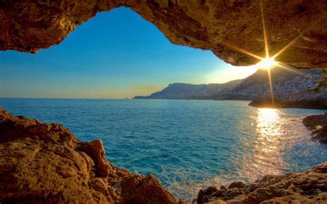 Coucher De Soleil Mer Grotte Nature Paysage Fond Décran Aperçu