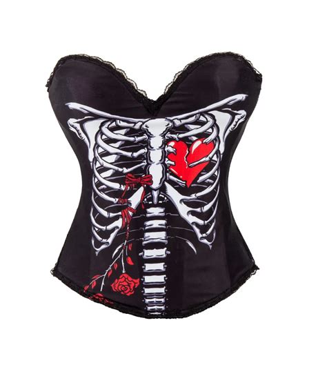 S 2xl Skeleton And Heart Floral Print Corset Tops Black Cotton Push Up