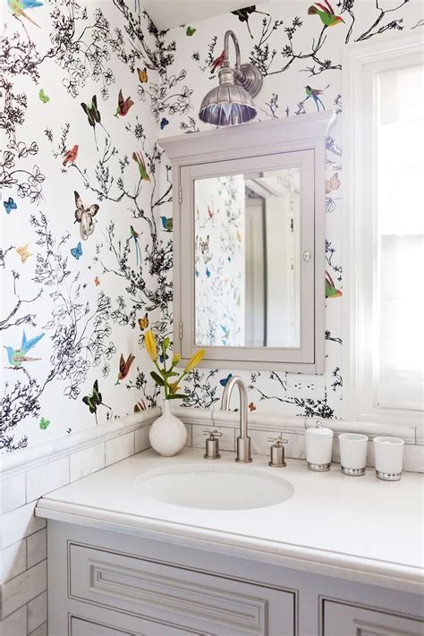 Butterfly Wallpaper In Bathroom With Small Floral Arrangement