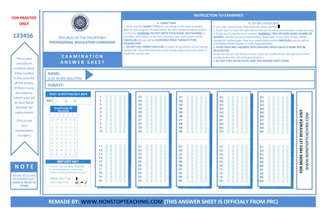 Sample Answer Sheet For Board Exam Republic Of The Philippines Professional