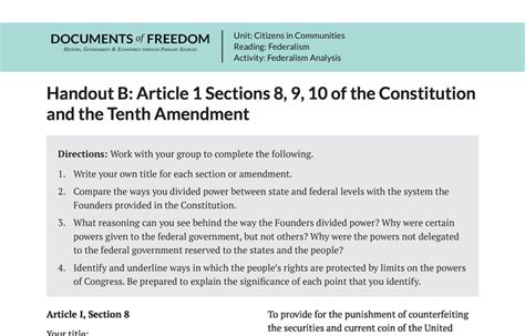 Handout B Article I Sections 8 9 10 Of The Constitution And The Tenth Amendment Bill Of