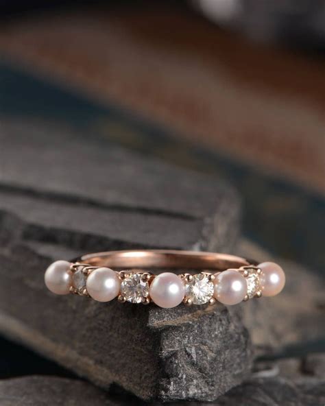 Pearl Engagement Ring Rose Gold Eternity Wedding Band Diamond Promise Ring Unique Pink Sapphire