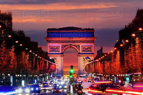 Arc De Triomphe Over Traffic At Night Paris Ile De France France