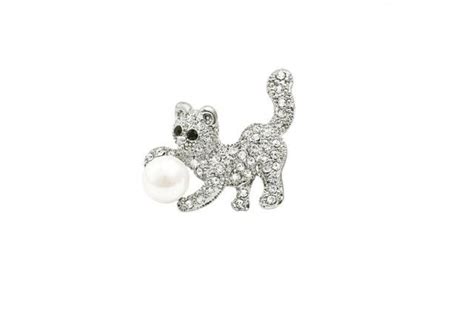 “adorable Kitty Cat Brooch Featuring A Sweet Little Kitten Playing With A Lustrous White Faux
