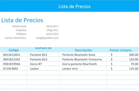 Plantilla Excel Lista De Precios Para Productos Descargar Gratis