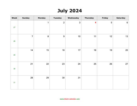 Download July 2024 Blank Calendar Horizontal
