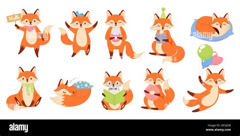 Cartoon Fox Mascot Funny Animal Character Cute Red Foxes With Black