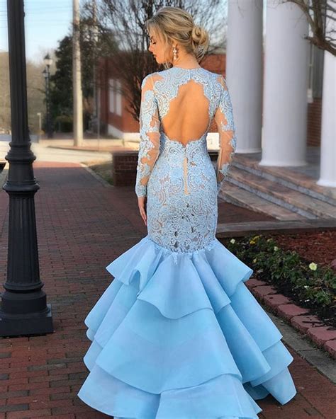 Blue Lace Long Sleeve Prom Dress Memraid Open Back Tulle Prom Dress