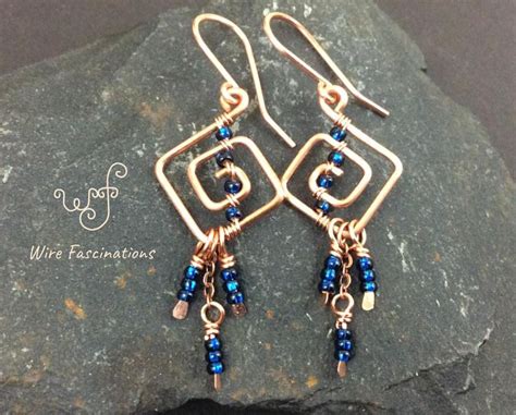 Handmade Copper Earrings Square Spiral Wire Wrapped Dark Blue Crystal