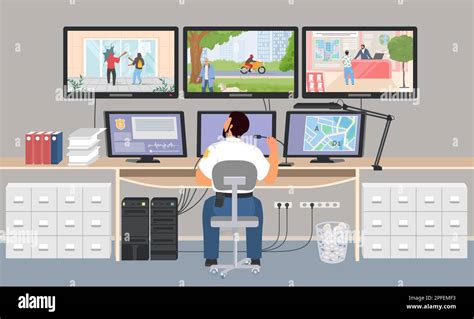 Vector Security Service Police Worker Sitting Control Room Front Of Monitors Displaying Video