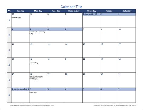 Continuous Monthly Calendar For Excel
