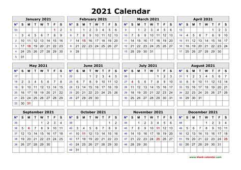 2021 Calendar Printable One Page Free Letter Templates