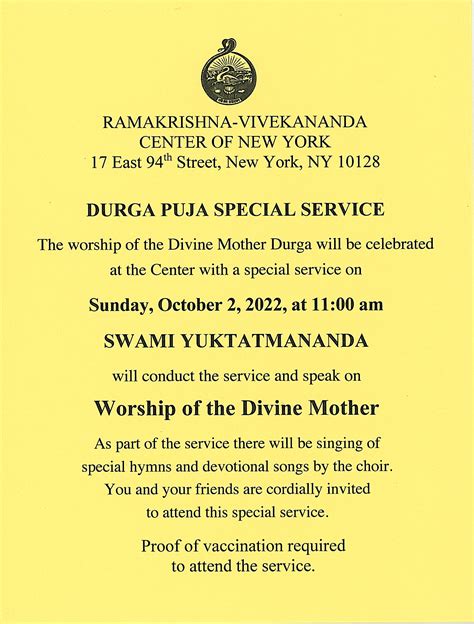 Durga Puja Special Service Invitation At The Ramakrishna Vivekananda