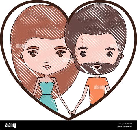 Heart Shape Portrait With Color Crayon Silhouette Caricature Couple Of Her With Dress And Long