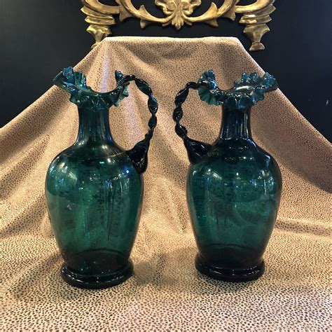 Antique Pair Hand Painted Hand Blown Moser Bohemian Glass Pitchers Gilt Detail Ebay