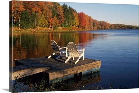 Adirondack Chairs On Dock At Lake Wall Art Canvas Prints Framed