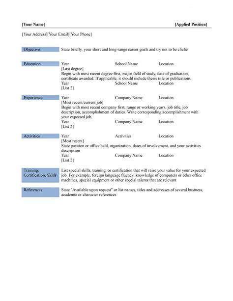 It follows a simple resume format, with name and address bolded at the top, followed by objective, education, experience. Basic Resume Template