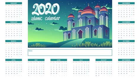 Islamischer Kalender 2020 Mit Grüner Moschee Nachts 691684 Vektor Kunst