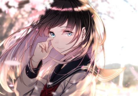 Wallpaper Anime Girl Crying School Uniform Tears Brown Hair Sakura Blossom Wallpapermaiden