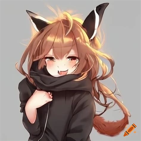 Excited Anime Fox Girl With Messy Brown Hair And Black Hoodie