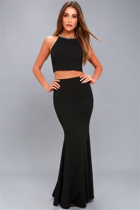 Stunning Black Rhinestone Dress Two Piece Maxi Dress Lulus