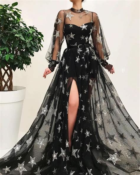 Black High Neck Sparkly Long Sleeve Unique Prom Dress Gorgeous Evening