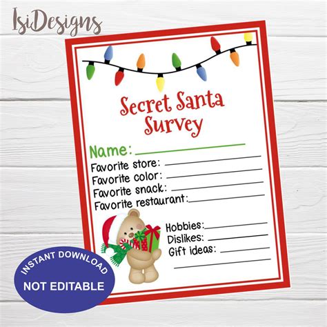 Secret Santa Survey Instant Download Printable Christmas Etsy