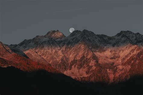 Full Moon Behind Mountain Dark Evening Late Sunset 5k Hd