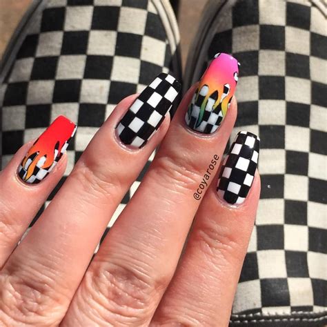 Checker Checkered Checkerboard Rainbow Flame Tana Mongeau Nails Nail