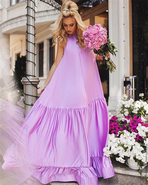 Купить Платье из искусственного шелка сиреневый однотонный платье длинное в пол платье