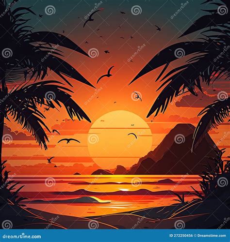 Tropical Sunset On The Beach Sunset Cartoon Style Generative Ai Stock