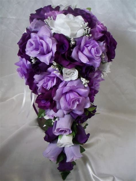 Wedding Bridal Bouquet Cascade Lavender Purple White Silk Flowers