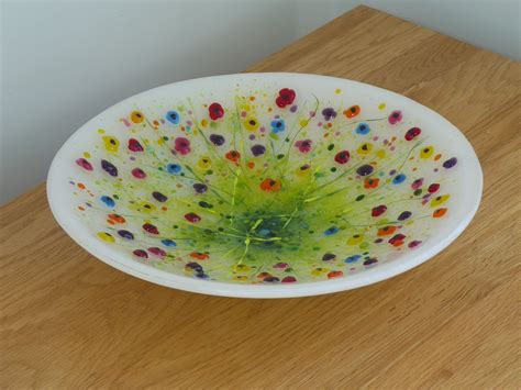These whimsical glass fields of flowers will let you enjoy spring all year long. Fused glass bowl, rainbow flowers, handmade gift, mother's ...