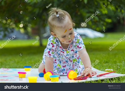 Beautiful Baby Girl Play Colors Learning Stock Photo 672185431