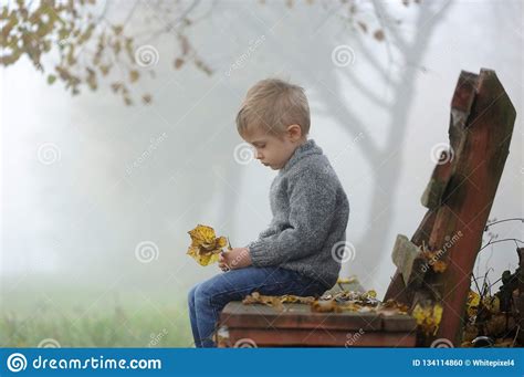 A Sad Little Boy Is Sitting On A Bench With His Head Down