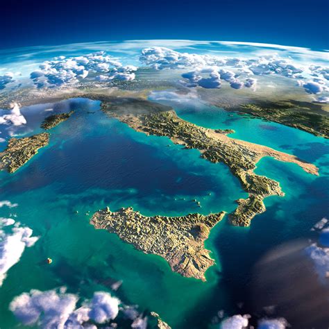 Exaggerated Relief Map Of Italy With Cloud Cover