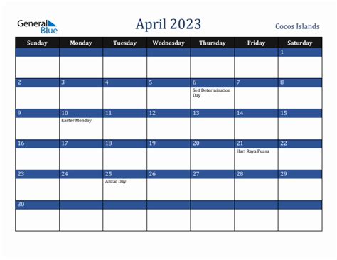 April 2023 Monthly Calendar With Cocos Islands Holidays