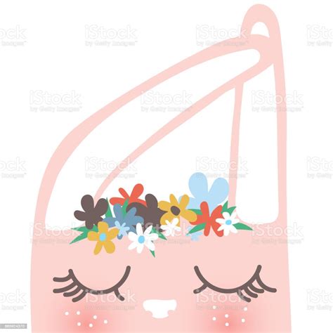 Cute Beautiful Pink Bunny With Closed Eyes And Wreath Of Field Flowers