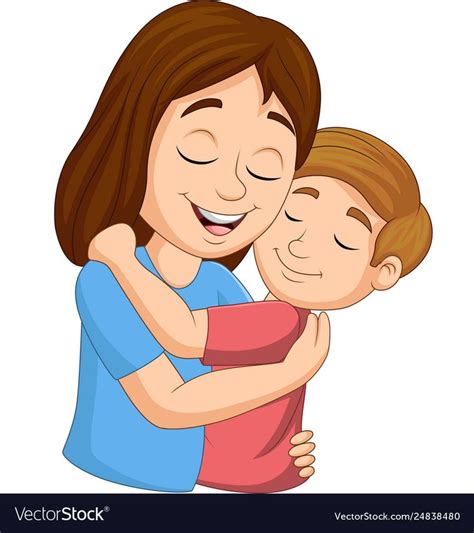 Vector Illustration Of Cartoon Happy Mother Hugging Her Son Download A