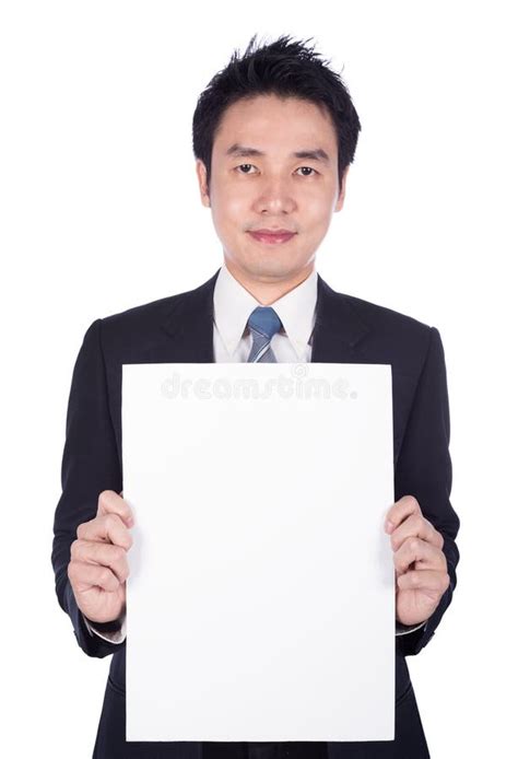 Business Man Holding A Blank Paper Sheet Isolated On White Stock Image Image Of Finger