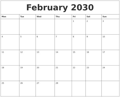February 2030 Printable Calendar Pdf