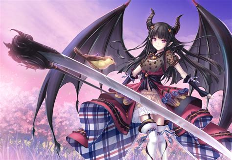 Download 2100x1450 Anime Girl Devil Horns Black Wings Bird Lolita Black Hair Wallpapers