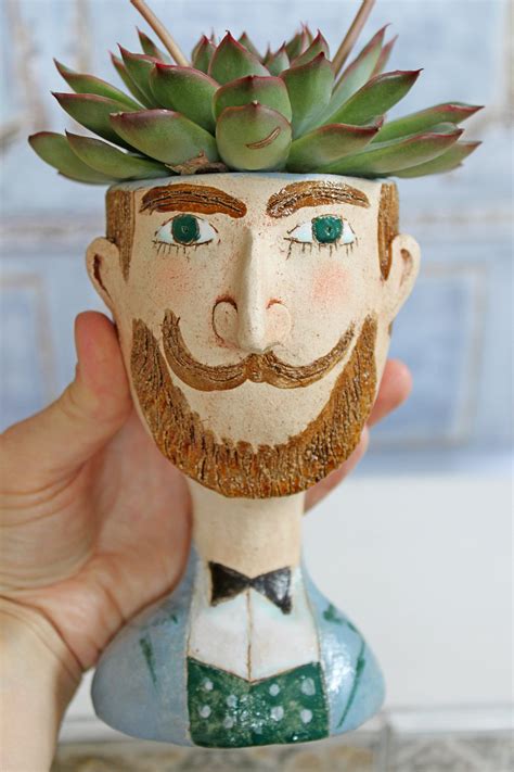 Succulent Head Planter Retro Man Face Plant Pot Unique Etsy