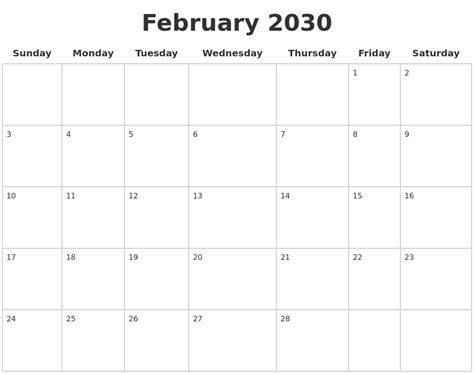 February 2030 Blank Calendar Pages