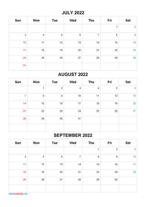 July August September 2022 Calendar Printable Free Q1 Q2 Q3 Q4